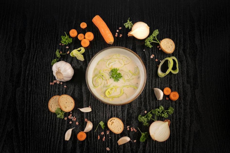 Fresh organic ingredients for soup preparation